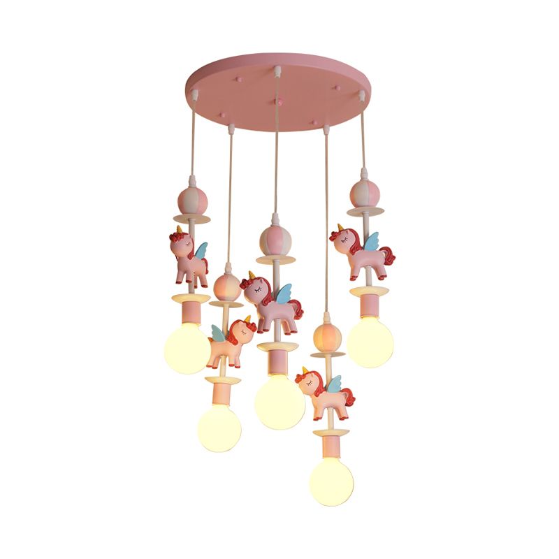 Unicorn Shape Multi Ceiling Light Cartoon Resin 5 Bulbs Pink/Blue Finish Hanging Lamp Kit with Round Canopy