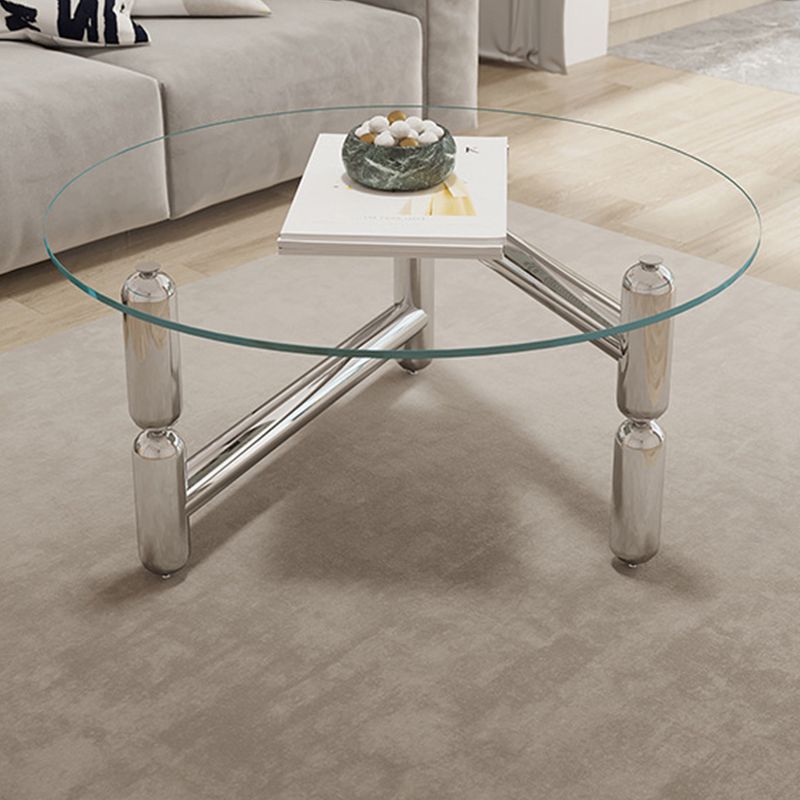 Modern Round Glass Coffee Table Stainless Steel 3 Legs Cocktail Table