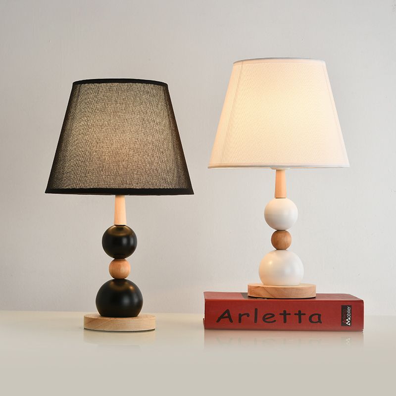 White/Black Barrel Nightstand Light Modernist 1 Head Fabric Night Table Lamp with Modo Wood Deco