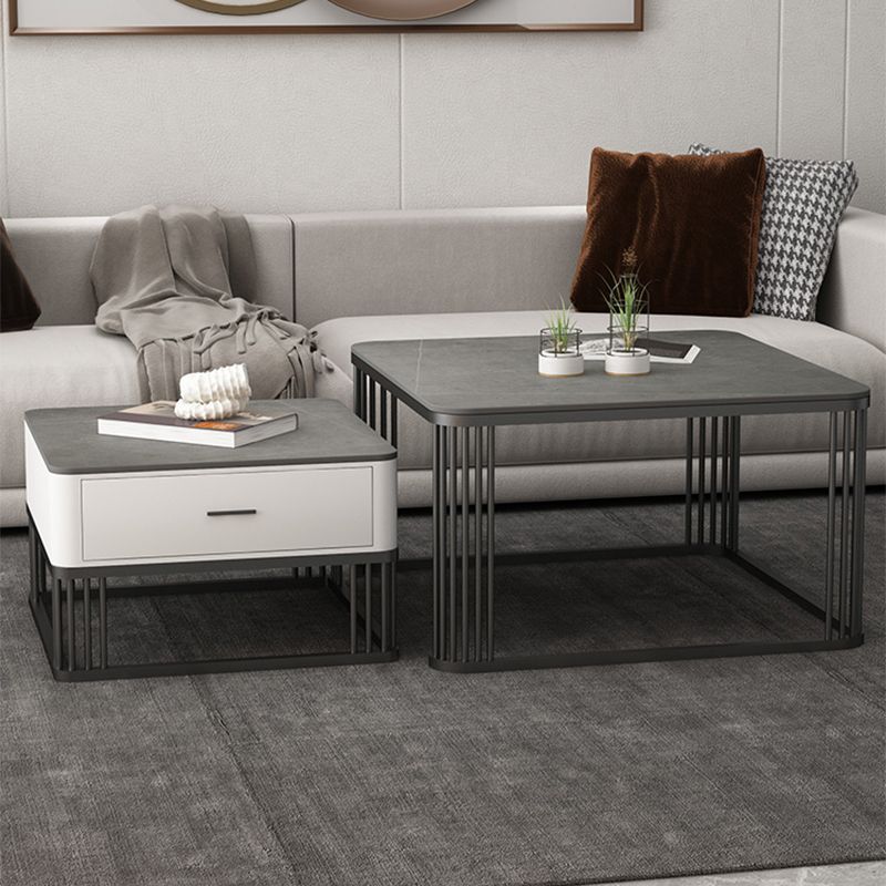 Square Black Stone Coffee Table Frame 2 Nestling Cocktail Table with Storage