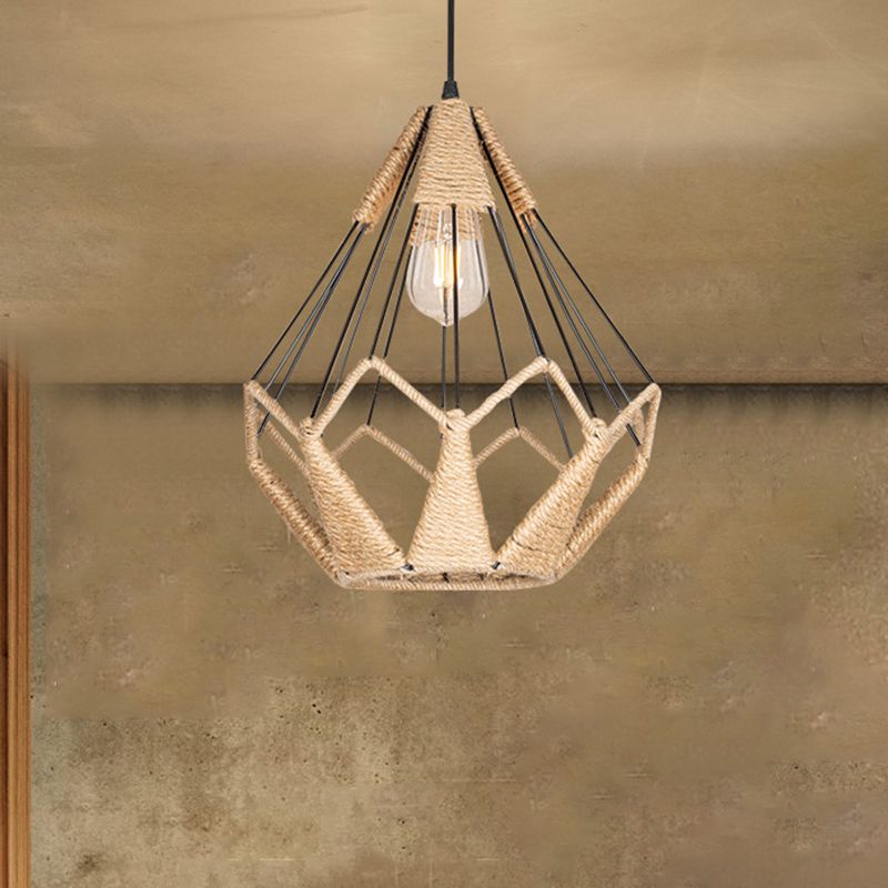 Pyramid Cage Rope Pendant Lighting Industrial Coffee Shop Hanging Pendant Light in Beige