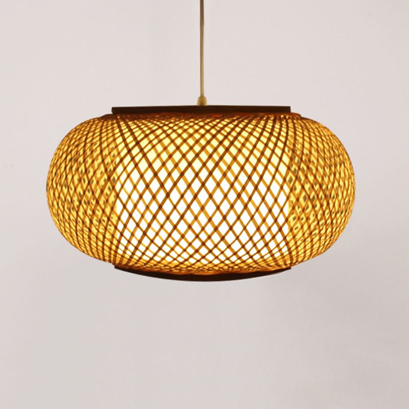 Asia Drum Pendant Light 1-Light Beige Hanging Ceiling Light for Dining Room