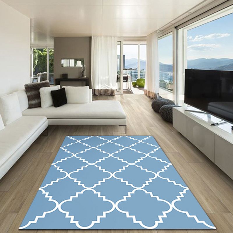 Blue Modern Rug Polyester Geometric Print Area Rug Easy Care Anti-Slip Rug for Drawing Room