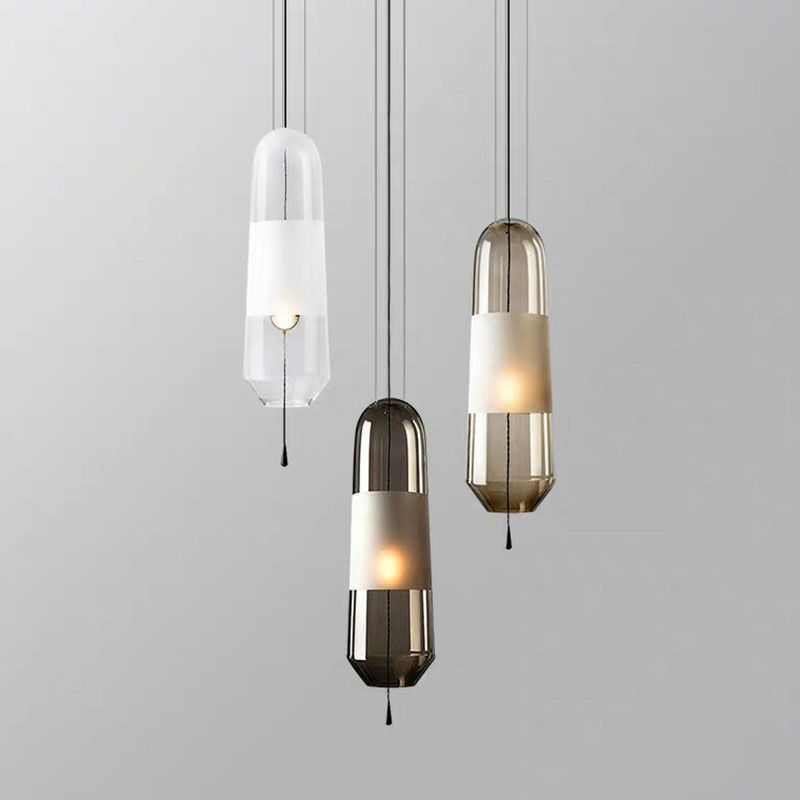 Nordic Elliptical Suspension Light Glass 1 Bulb Dining Room Ceiling Pendant Lamp with Pull Chain