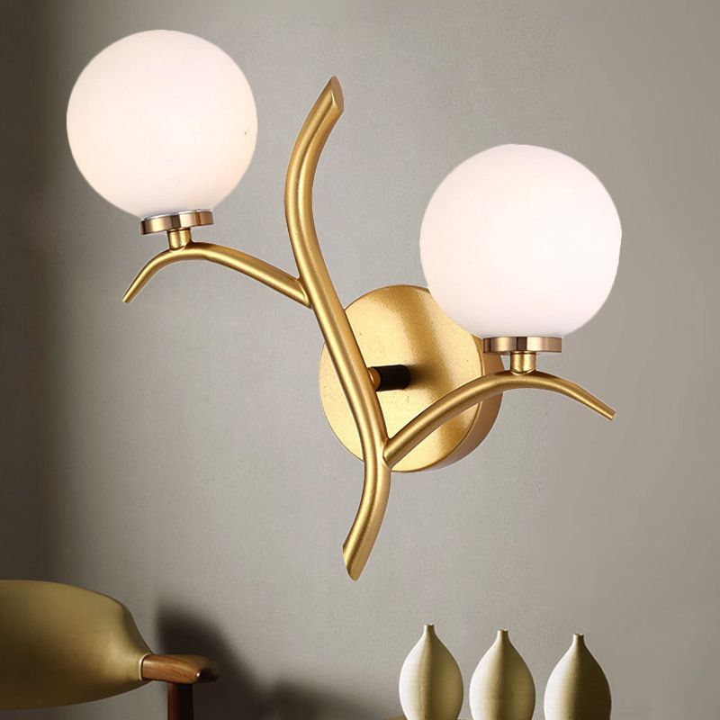 2 Bulbs White Glass Wall Sconce Modern Gold/Black Globe Dining Room Sconce Light with Branch-Shaped Arm