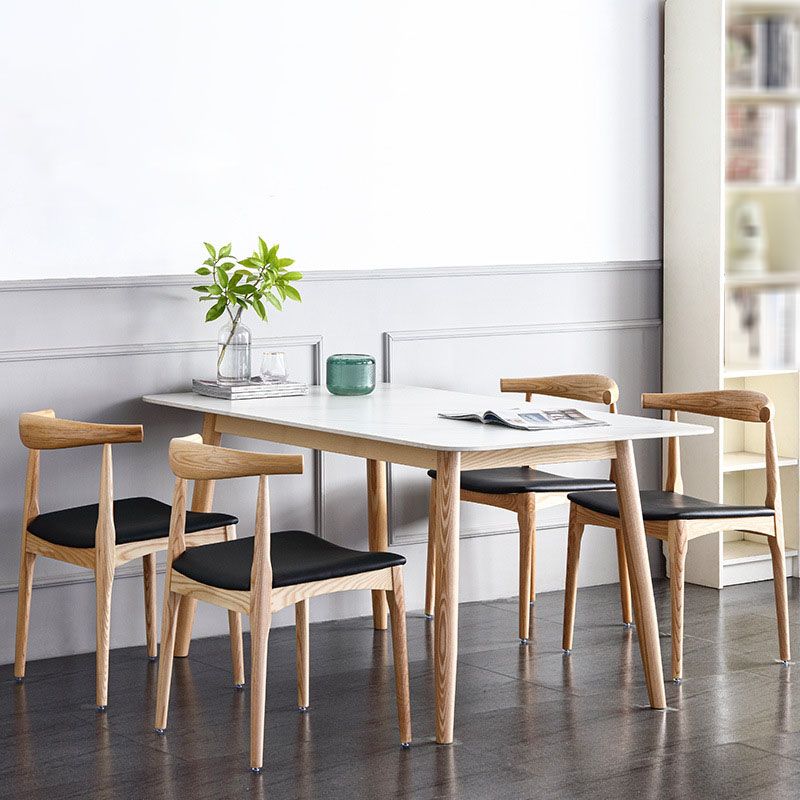White Stone Top Dining Table Mid-Century Modern Table with 4 Wood Legs