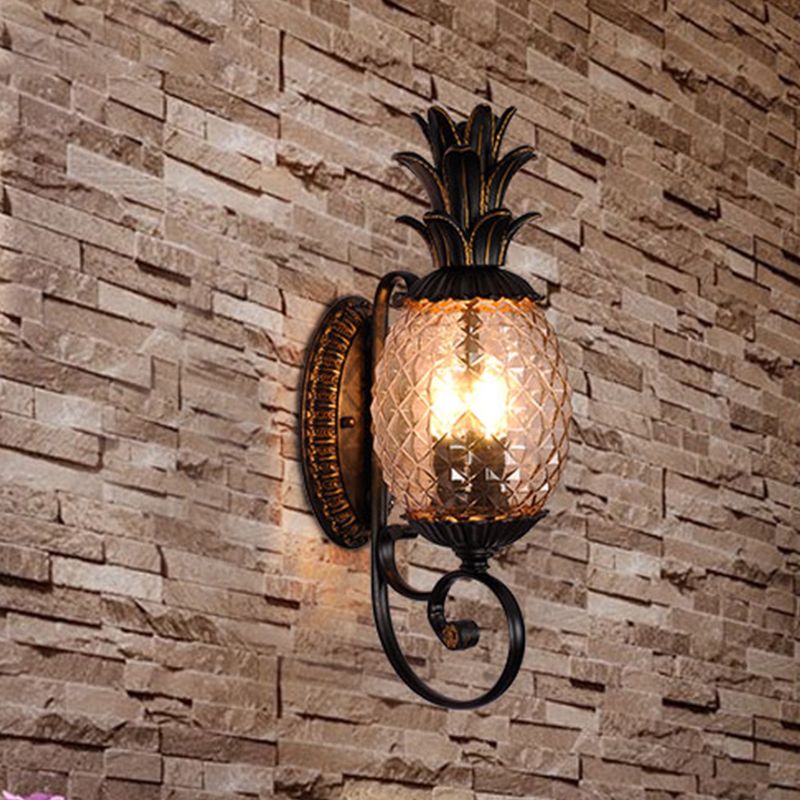 Black 3-Light Wall Sconce Vintage Lattice Glass Pineapple Shape Wall Mount Lighting with Swirled Arm
