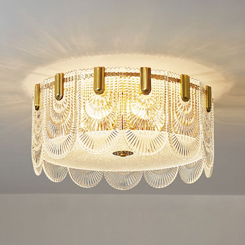 Gold Metal Flush Mount Light Armaturen Traditionele Drum Slaapkamer Flush Plafond Lampen met Glas Shade