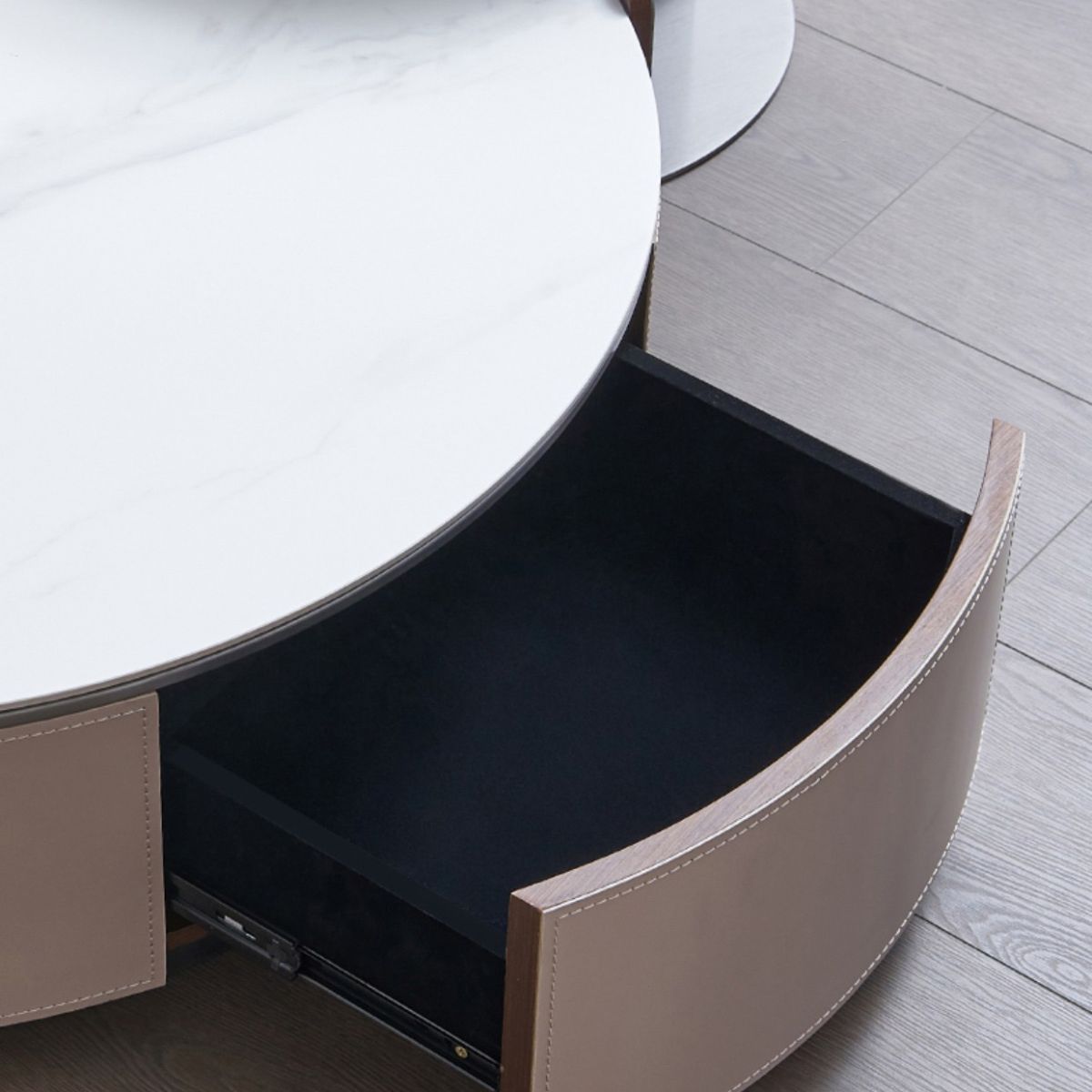Slate and Leather Drum Coffee Table Modern Round Cocktail Table Set with Storage