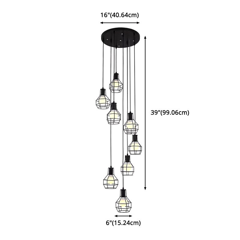 8-Light Pendant Lighting Industrial Cage Metal Suspension Light in Black for Staircase