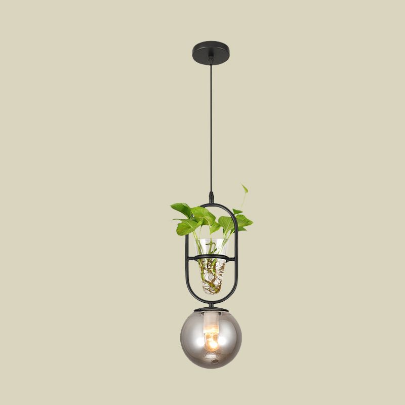 1-Head Hanging Light Loft Spherical Opal/Smoke Gray Glass Ceiling Lamp in Black/Grey/Gold with Oblong Frame and Plant Cup