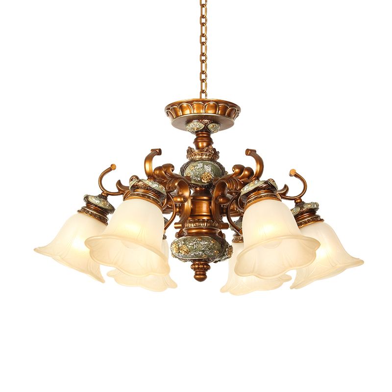 6/8 Bulbs Hanging Chandelier with Floral Shade Milky Glass Vintage Style Guest Room Ceiling Hang Fixture in Brown