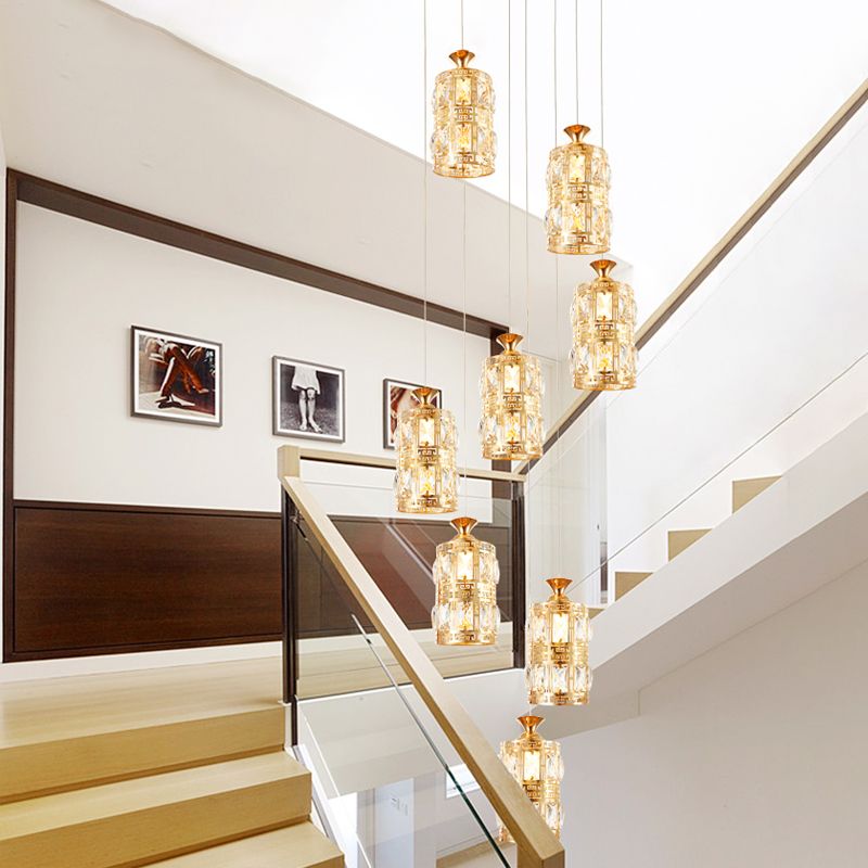 Modernist Cylindrical Cluster Pendant Light 8 Bulbs Crystal Hanging Ceiling Lamp in Gold