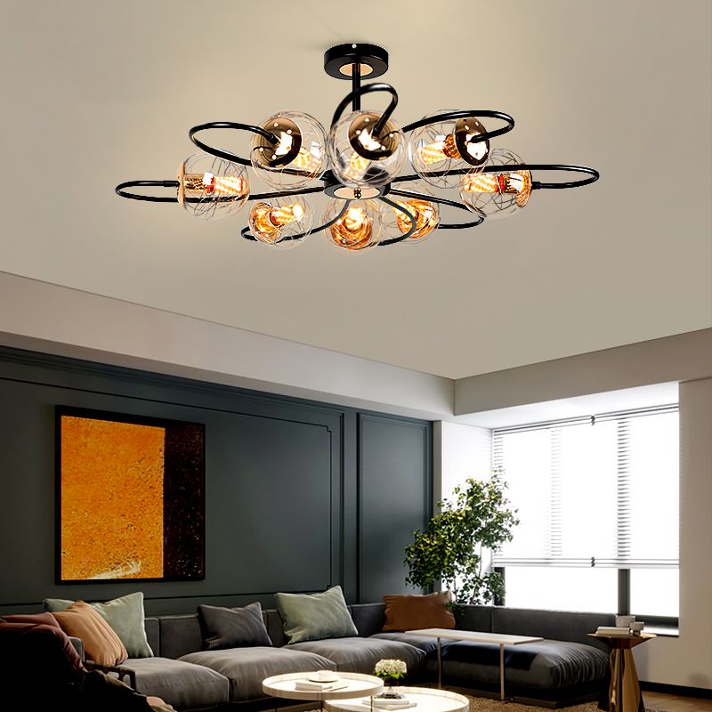 Black Floral Swirl Chandelier Minimalist Clear Ball Glass Pendant Light for Living Room