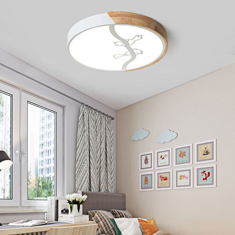 Plafonnier encastré en forme de cercle en bois, plafonnier LED gris/blanc de Style nordique avec abat-jour en acrylique et motif d'oiseau