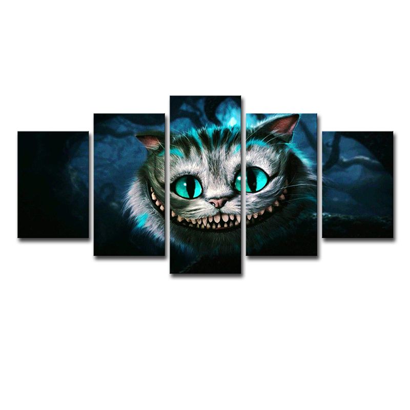Fantasy Wonderland Cat Wall Art Print Cartoon Multi-Piece Canvas in Blue for Dining Room