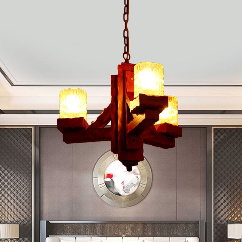 Cilindro sala da pranzo il lampadario a pendente lampadario rustico in vetro spremuto a 3 luci illuminazione a sospensione marrone con braccio in legno