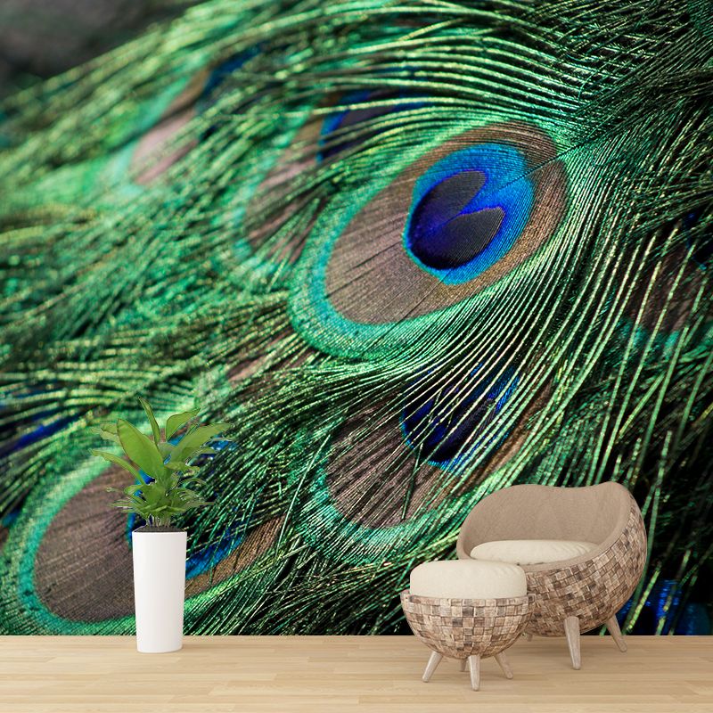 Photography Style Peacock Feather Mural Wallpaper Moisture Resistant for Sitting Room