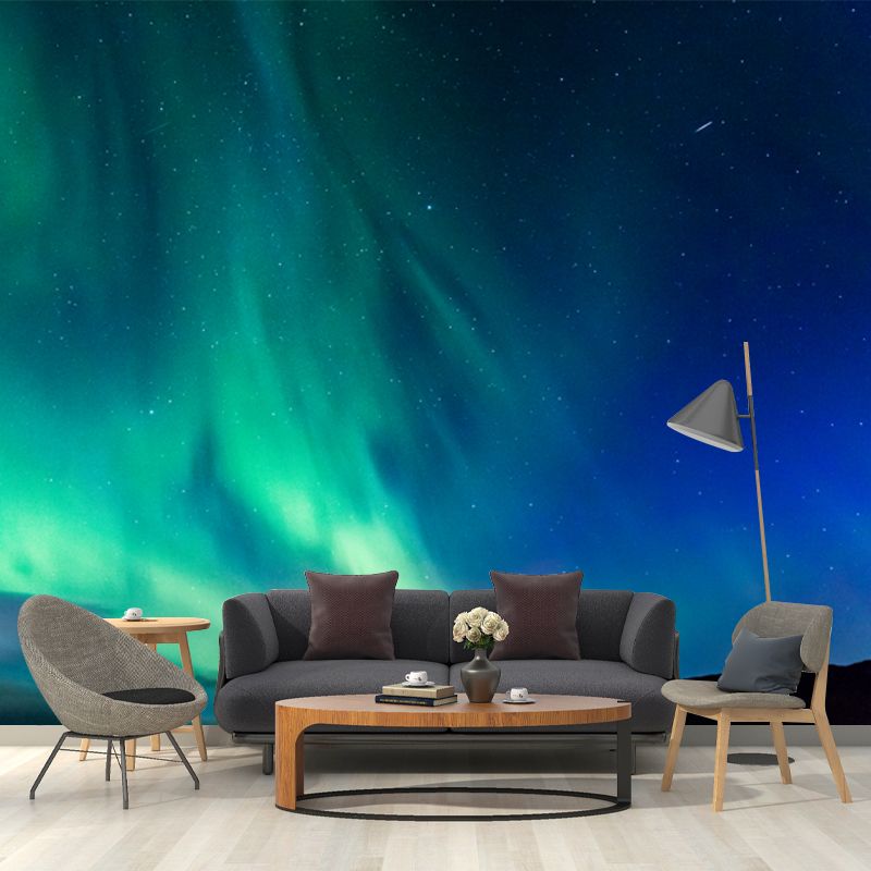 Non-Woven Huge Aqua Mural Modern Aurora on Night Starry Sky Wall Art, Custom Print