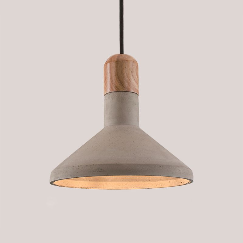 Funnel Cement Pendulum Light Nordic 1 Bulb Grey Ceiling Pendant with Wood Top for Dining Room