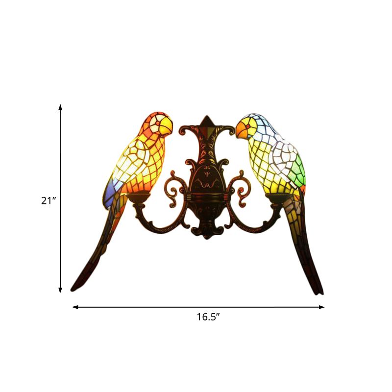 2 Heads Parrots Wall Sconce Light Rustic Lodge Stained Glass Wall Lighting for Living Room