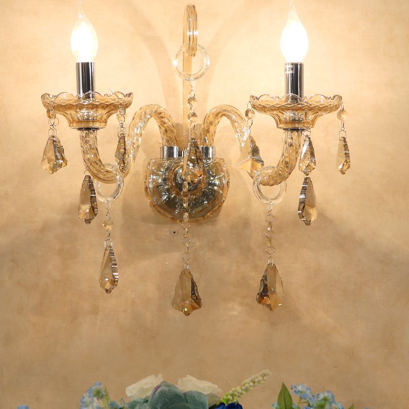 Cognac Crystal Candle Wall Light Antique 2 Bulbs Living Room Sconce with Curved Glass Arm