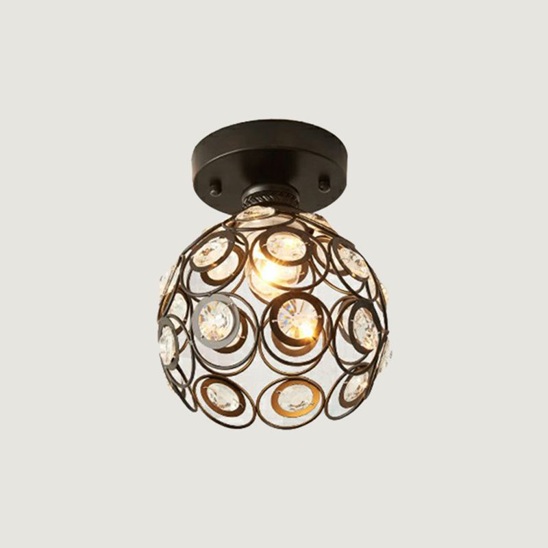 Black Ball Semi Flush Light Retro Single-Bulb Crystal Ceiling Light for Corridor