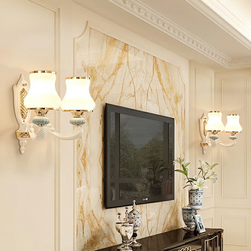 Milky Glass Flared Sconce Light Minimalist Living Room Wall Lamp Fixture in White