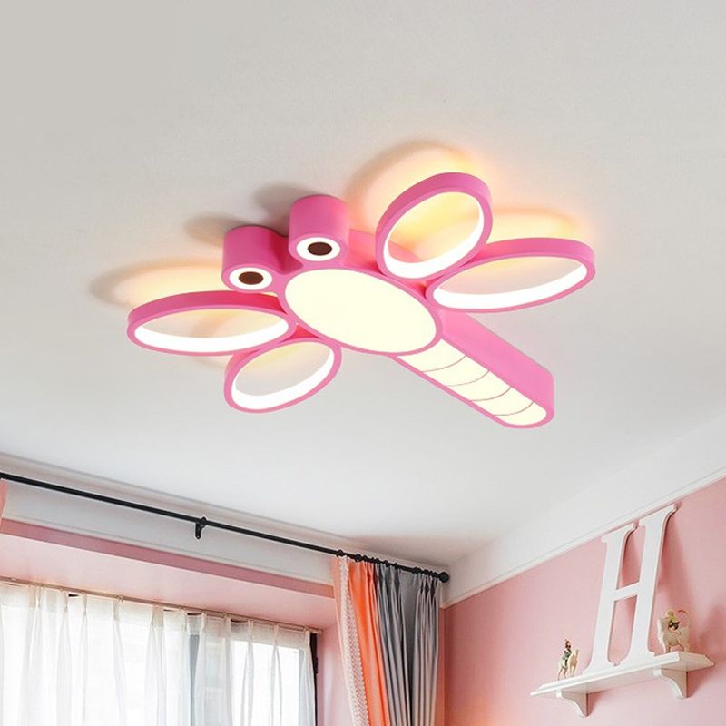 Iron Dragonfly Flush-Mount Light Fixture Cartoon Pink/Blue LED Ceiling Lighting in Warm/White Light