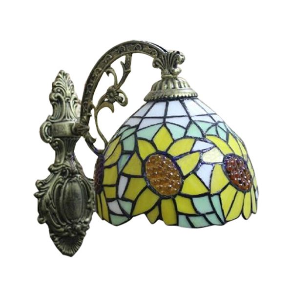 Yellow Sunflower Wall Sconce Light Lodge Style Stained Glass 1 Light Wall Lighting for Bedroom