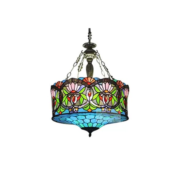 Living Room Ceiling Light LED, Stained Glass Drum Lighting Baroque Style, 18" W