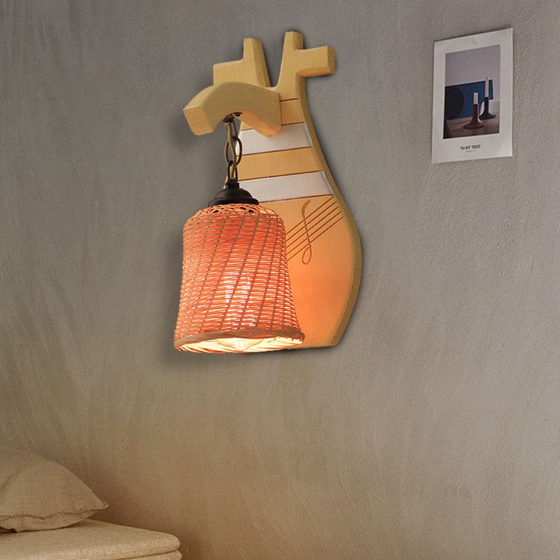 Bollitore in legno/campana/tromba sconce leggera tradizionale bambù 1 lampadina su/giù lampada montata a parete con emicilindro/piastra posteriore a blocchi