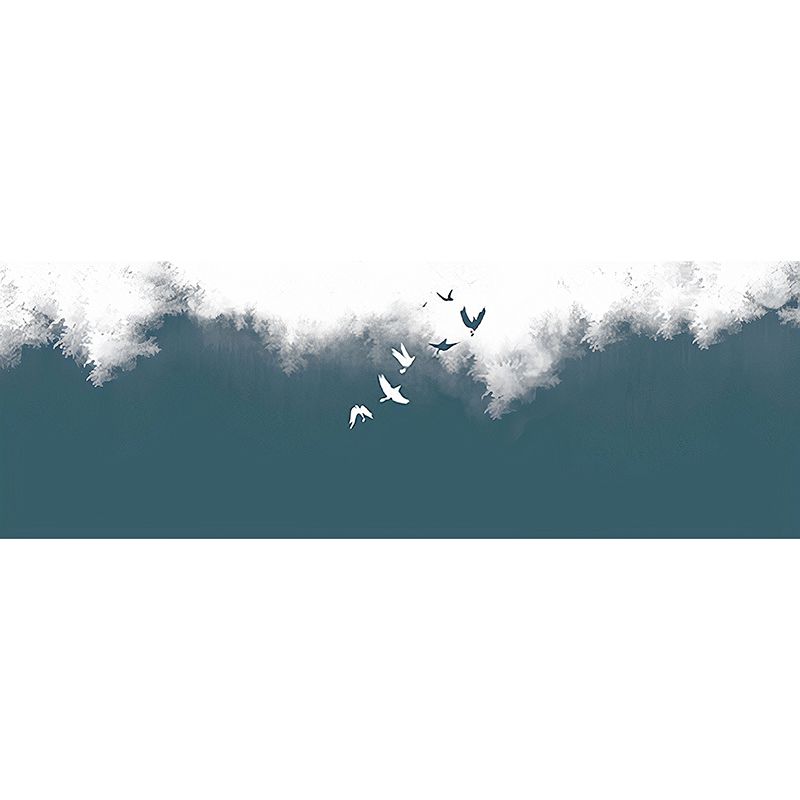 Bush and Flying Bird Mural Wallpaper in Green and White, Nostalgic Wall Covering for Living Room