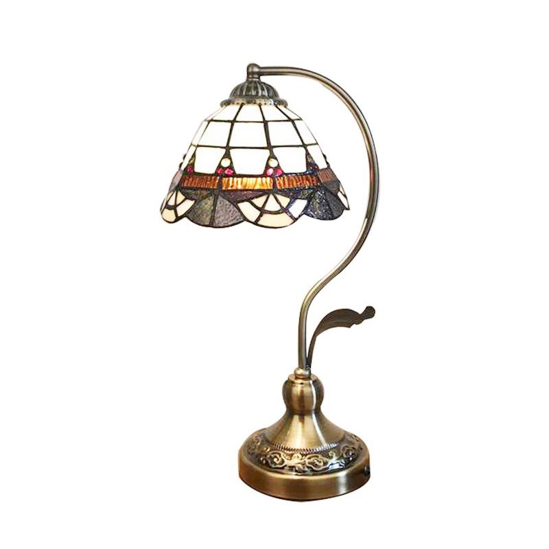Single Nightstand Lamp Tiffany Style Bell Shade Gridded Glass Table Lighting for Bedroom