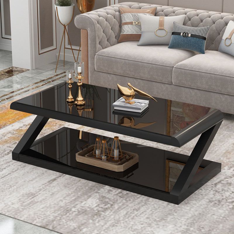17.7"H Rectangle Glass Coffee Table Steel Abstract Base Cocktail Table with Shelf