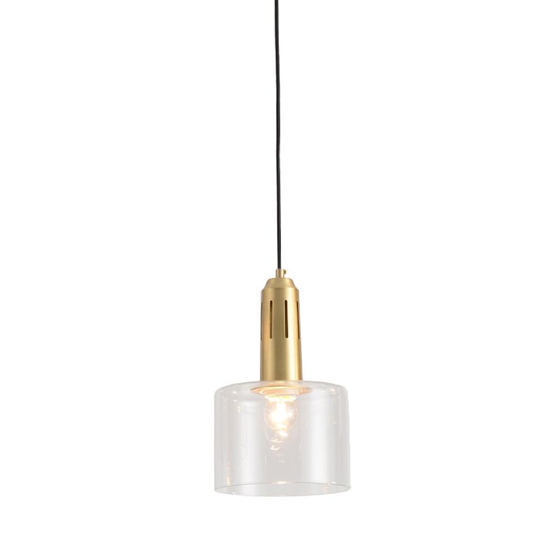 1 comedor ligero colgante lámpara colgante de latón posmoderno con cilindro sombra de vidrio transparente