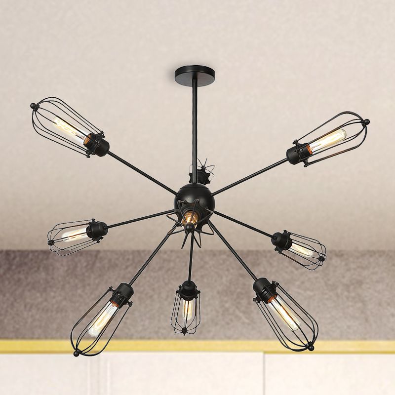 Metal Bulb Cage Chandelier Lighting Fixture Warehouse Style 9/12/15 Heads Black Hanging Lamp for Living Room