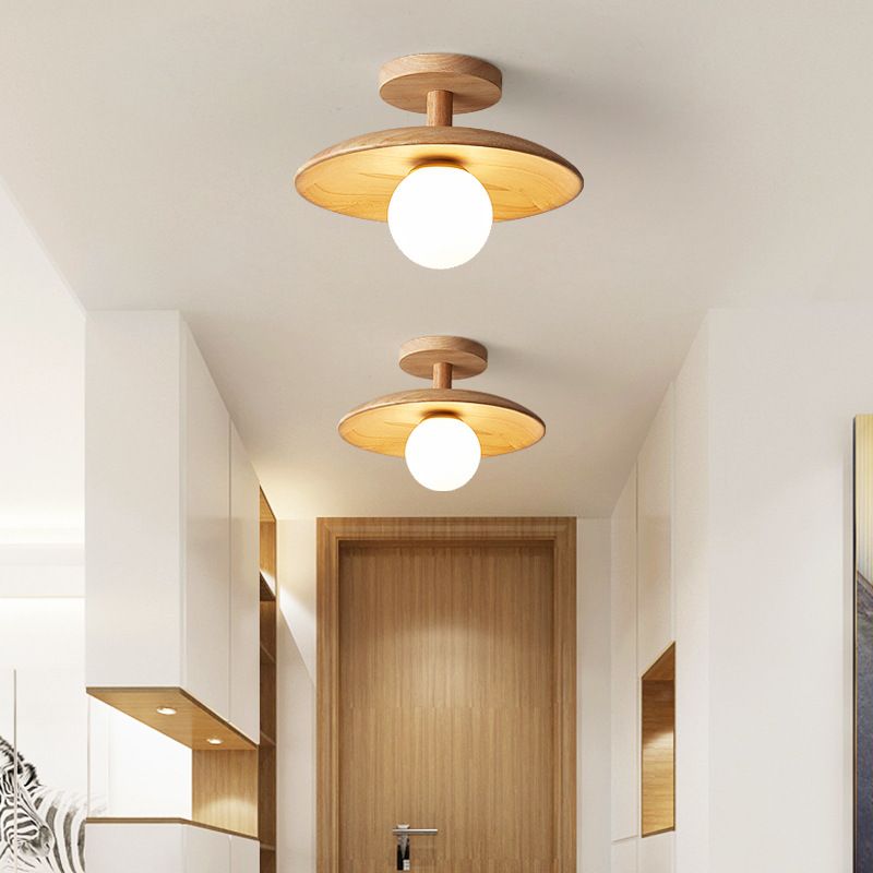 Log Color Globe Semi Flush Mount in Modern Simplicity Wooden Indoor Ceiling Light with Glass Shade