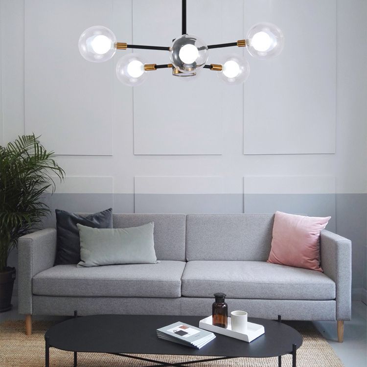 Modern Metal Radial Hanging Chandelier Light Spherical Clear Glass Shade Suspension Light in Black