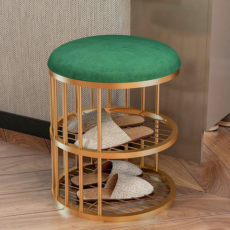 Industrial Cylinder Shape Ottoman Plain Velvet Metal Frame Shelved Storage Pouf