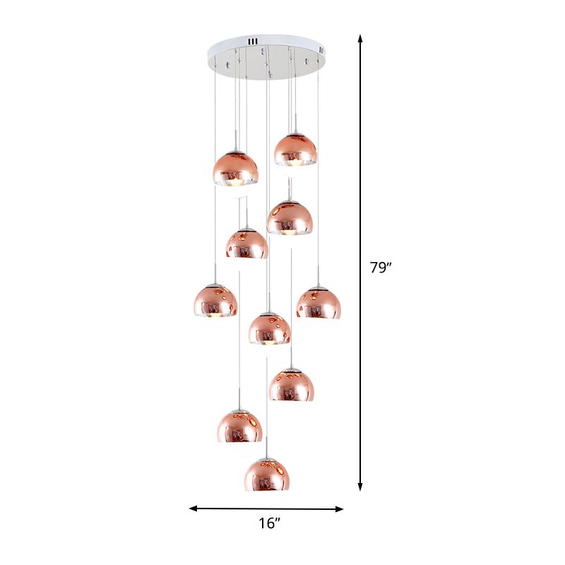 Global Stair Cluster Pendant Light Minimalist Metal 10-Light Rose Gold Ceiling Light Fixture