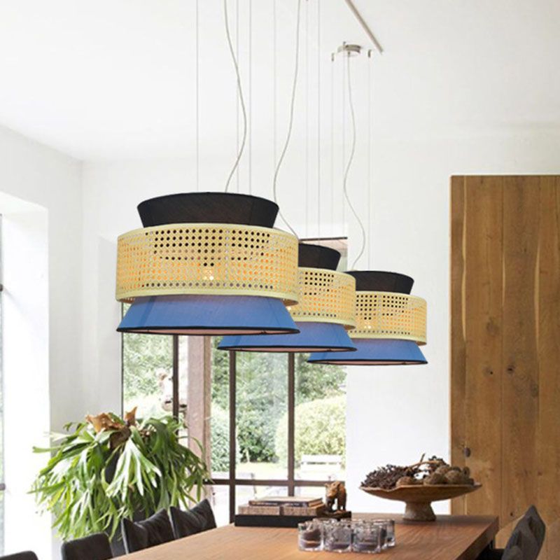 Novelty Asian Hourglass Pendant Lamp Bamboo Single Dining Room Ceiling Light with Mesh Screen in Beige