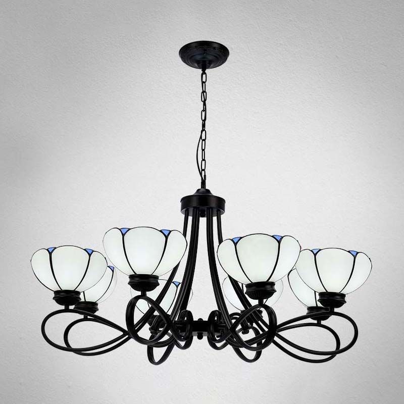 3/5 Lights Scalloped/Cone Hanging Chandelier Baroque White/Yellow/Beige Glass Suspension Lighting for Living Room with Curved Arm