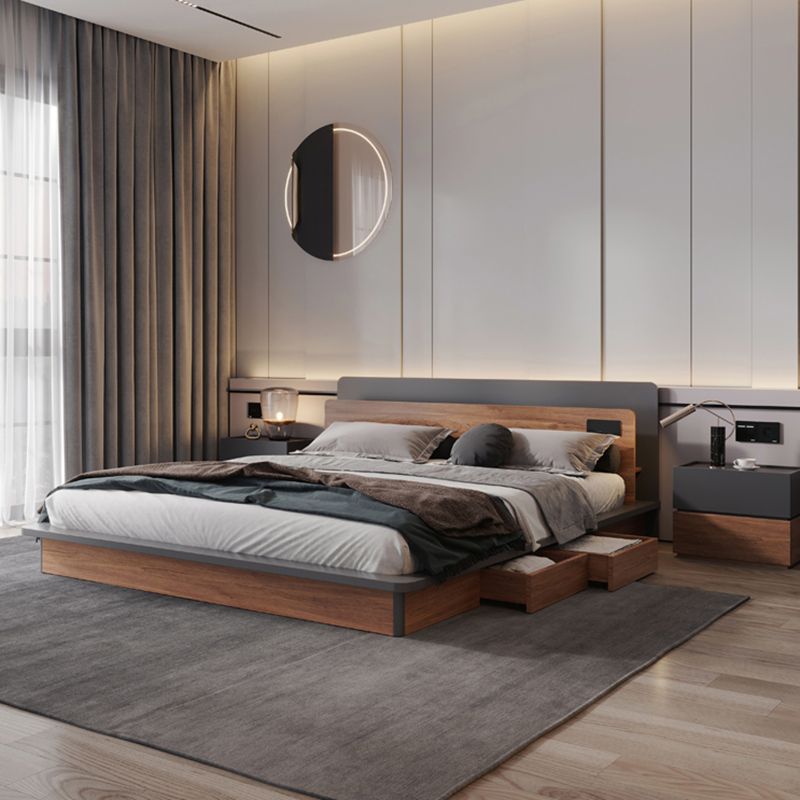 Contemporary Standard Bed Wood Lift Up Storage Panel Bed with Headboard