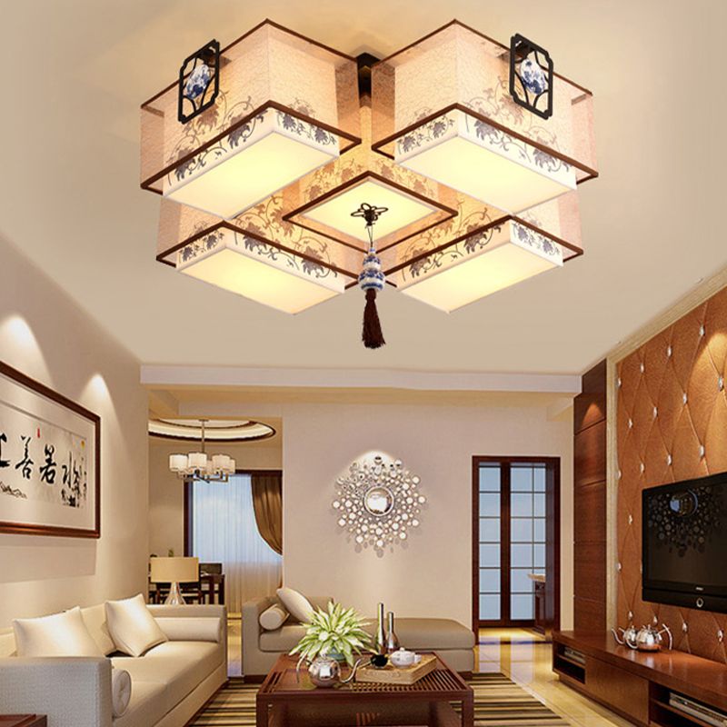 Plafonniers de style asiatique avec abat-jour en tissu pour salon et salle à manger