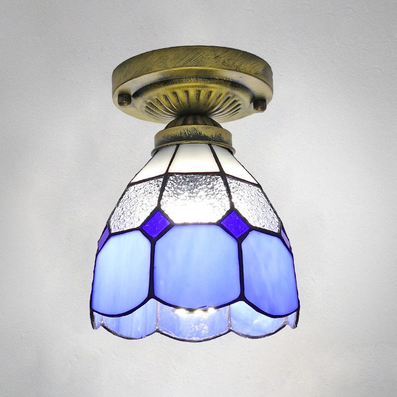 1 Head Flush Mount Light Classic Bell Shade Gridded Glass Semi Flush Ceiling Light