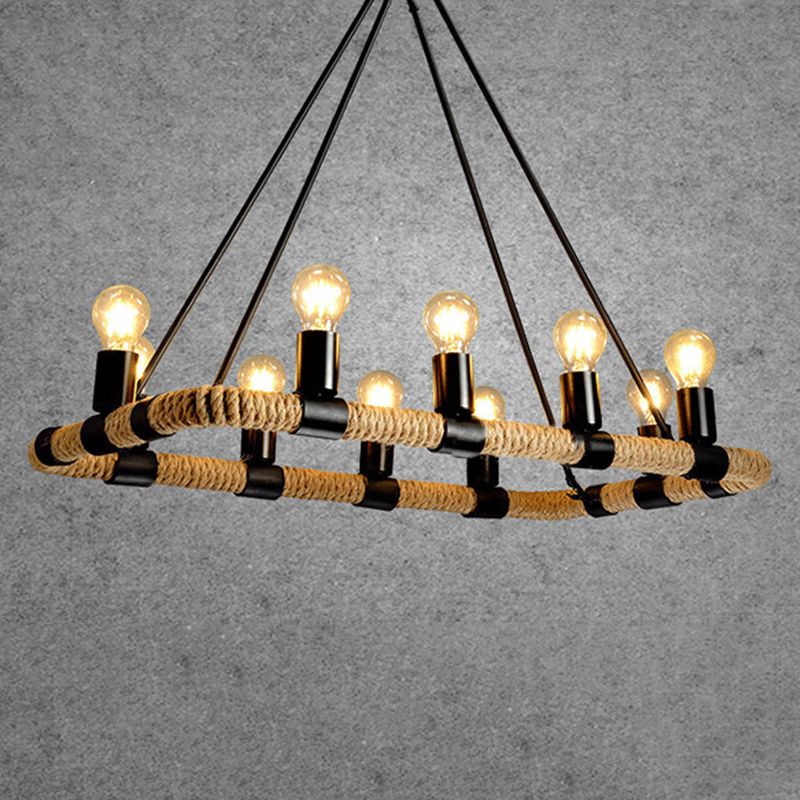 Rectangular Hemp Rope Island Lamp Industrial 10-Light Dining Room Suspension Light