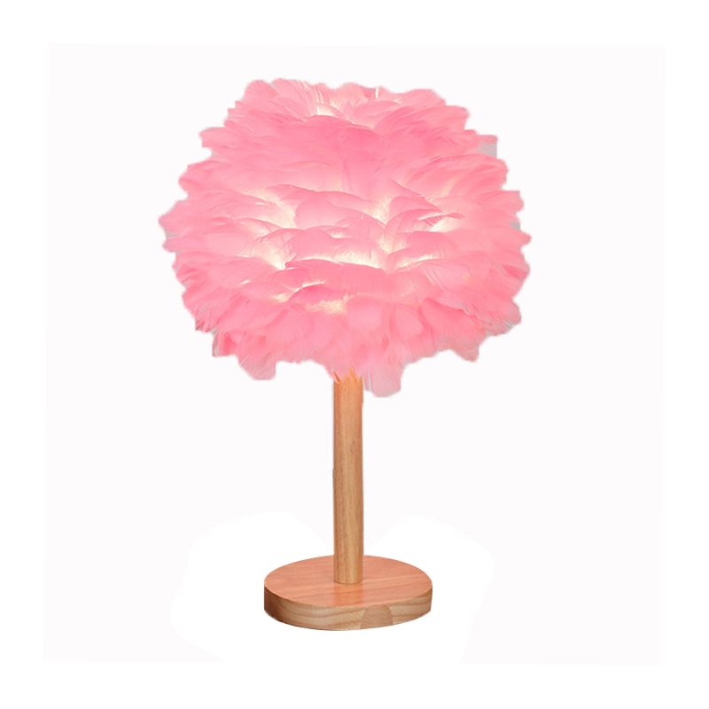 Dome Nightstand Light Nordic Feather Single Bedside Table Lamp in Pink/White/Grey with Wood Pole