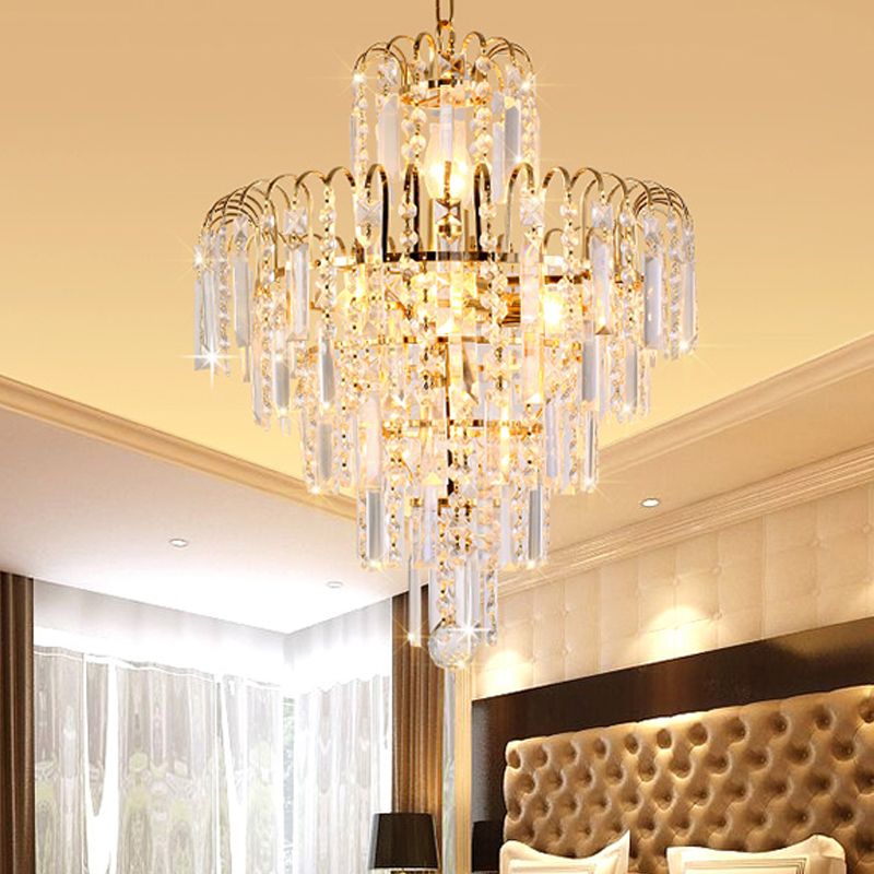 Modern Tiered Crystal Hanging Light Fixture 4/6/11 Lights Ceiling Light for Dining Room in Gold, 16"/18"/23.5" wide