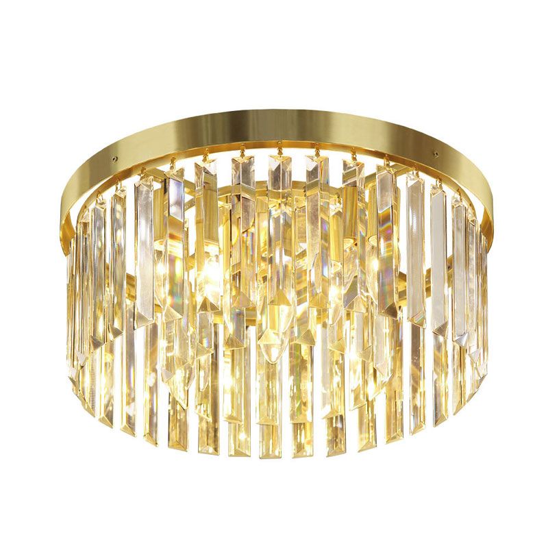 6 Bulbs Crystal Block Flush Mount Lamp Simplicity Brass Drum Guest Room Ceiling Light Fixture